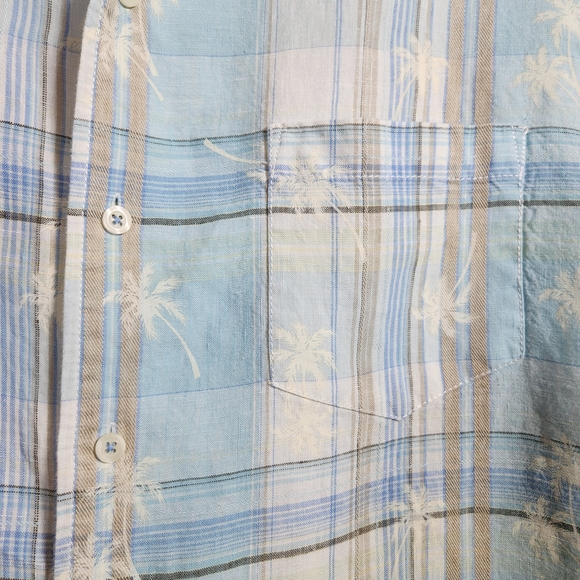 Caribbean Blue Plaid Palm Trees Men's XL Button Down Shirt - Picture 5 of 8